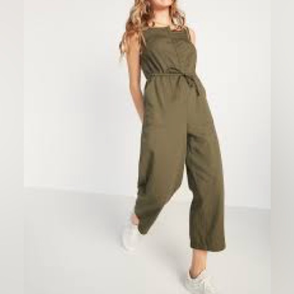Old Navy Tie Waist Twill Sleeveless Olive Green Overalls size large L